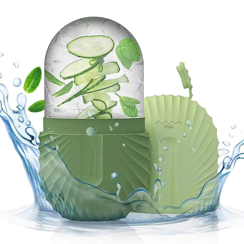 Rodillo de hielo facial Icelara Pro en color verde, con pepino y menta congelados