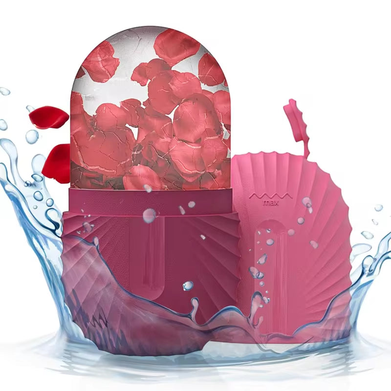 Rodillo de hielo facial Icelara Pro en color rosa, con pétalos congelados